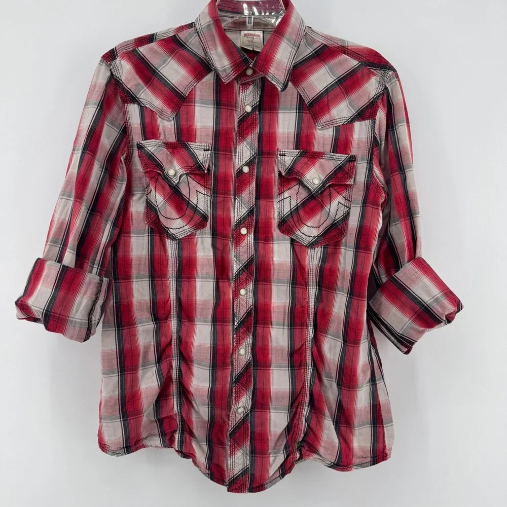 True Religion Plaid Pearl Snap Button Western Shirt Red Black White Size L *READ